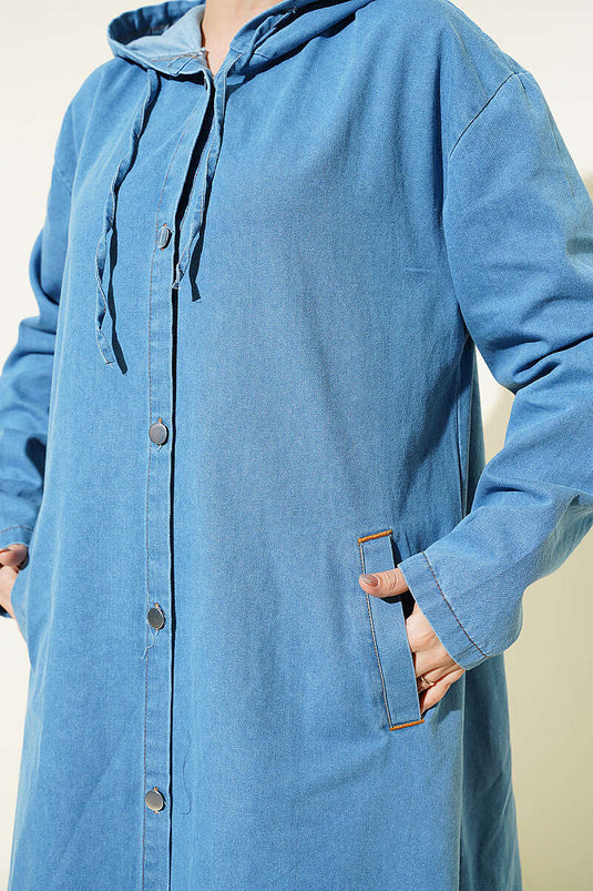 Light Blue Denim Coat with Hood and Metal Buttons