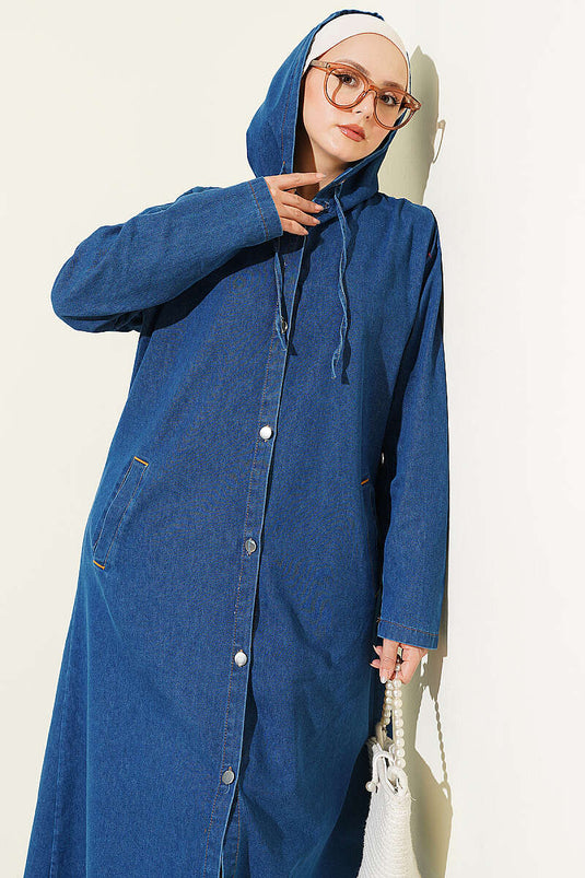 Spijkerjas met capuchon en metalen knopen, blauw