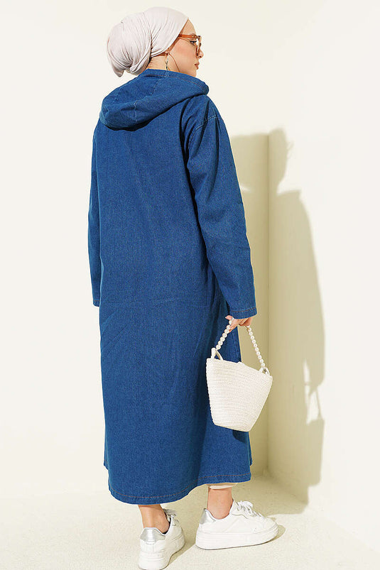 Spijkerjas met capuchon en metalen knopen, blauw