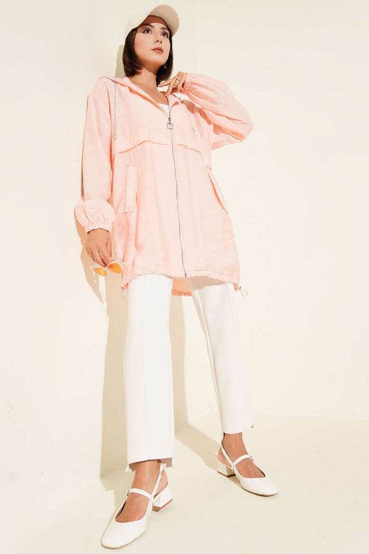 جاكيت بغطاء رأس وجيوب أمامية، وردي