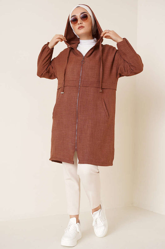 Hooded Zippered Cardigan Brown