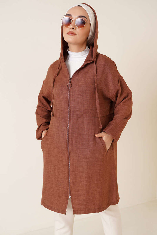 Hooded Zippered Cardigan Brown