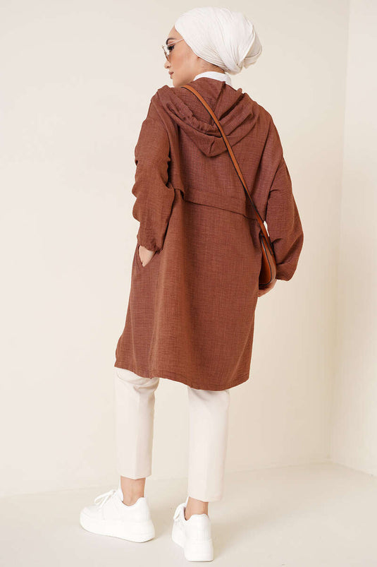 Hooded Zippered Cardigan Brown