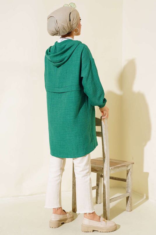 Hooded Zippered Cardigan Green