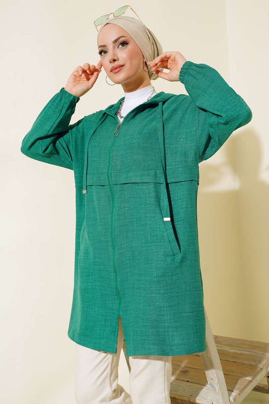 Hooded Zippered Cardigan Green