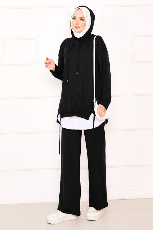 طقم أويشو بغطاء رأس وتفاصيل مطاطية أمامية باللون الأسود