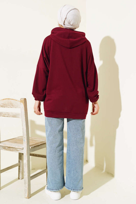 Kapüşonlu Oversize Sweat Bordo