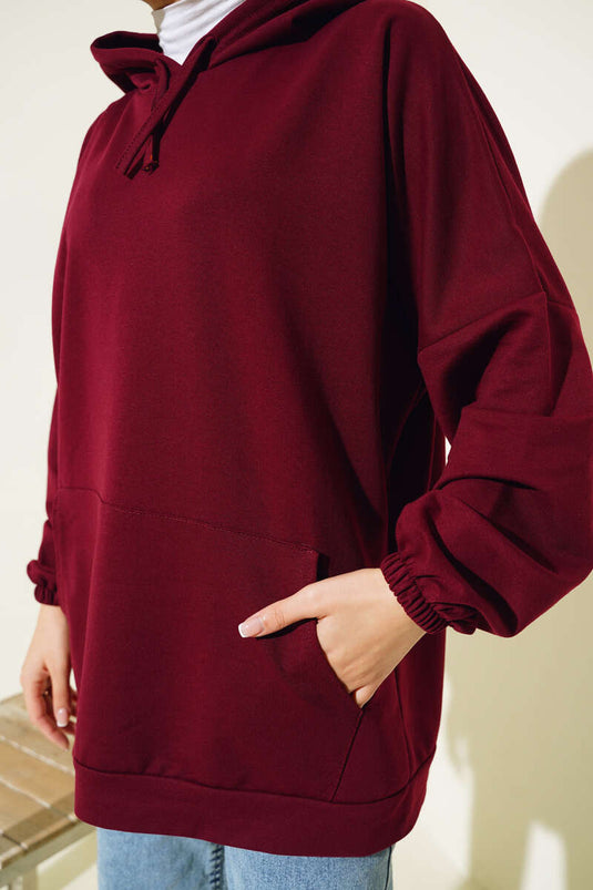 Kapüşonlu Oversize Sweat Bordo