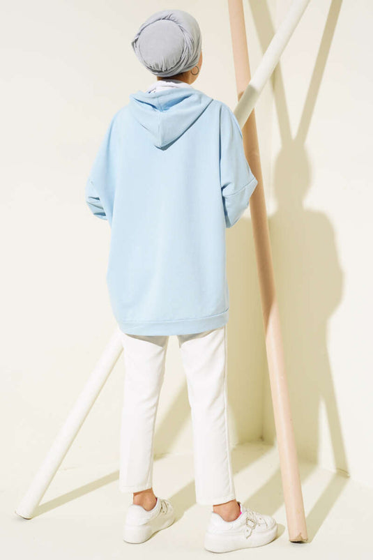 سويت شيرت بغطاء للرأس ومقاس كبير، أزرق جليدي