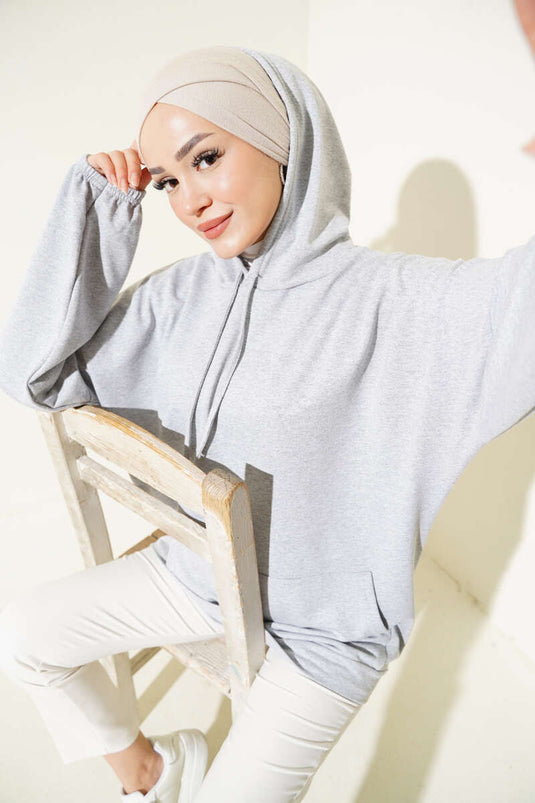 Kapüşonlu Oversize Sweat Gri