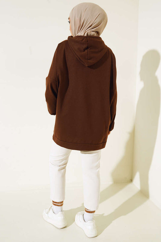 Kapüşonlu Oversize Sweat Kahve