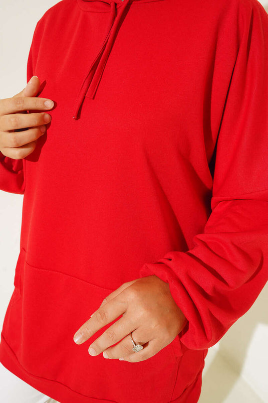 Kapüşonlu Oversize Sweat Kırmızı