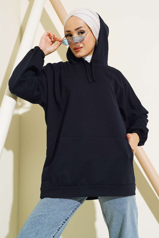 Kapüşonlu Oversize Sweat Lacivert