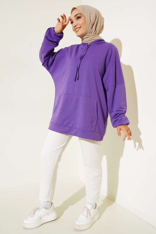 Kapüşonlu Oversize Sweat Mor