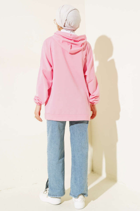 Kapüşonlu Oversize Sweat Pembe