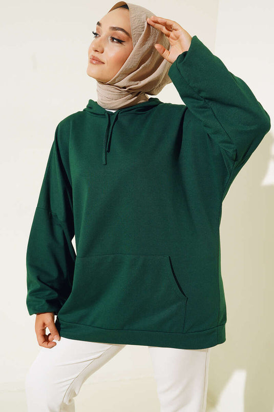 Kapüşonlu Oversize Sweat Zümrüt