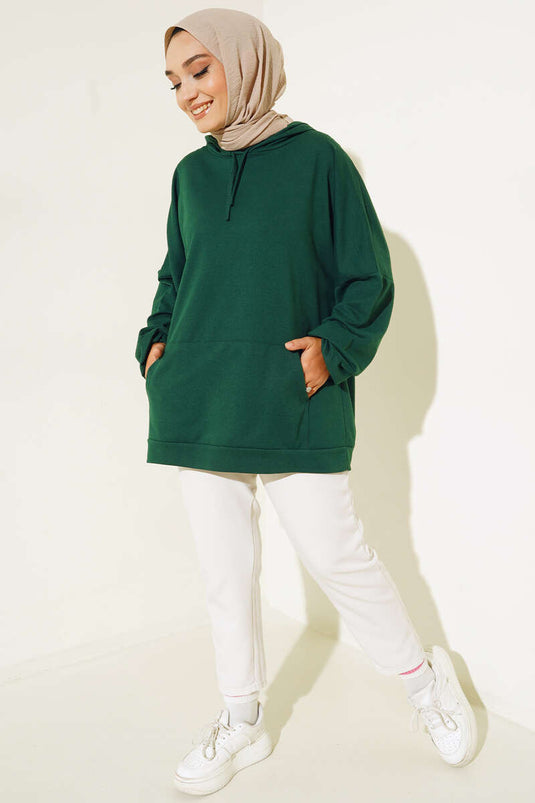 Kapüşonlu Oversize Sweat Zümrüt