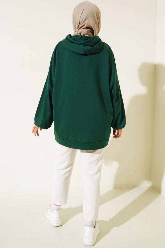 Kapüşonlu Oversize Sweat Zümrüt