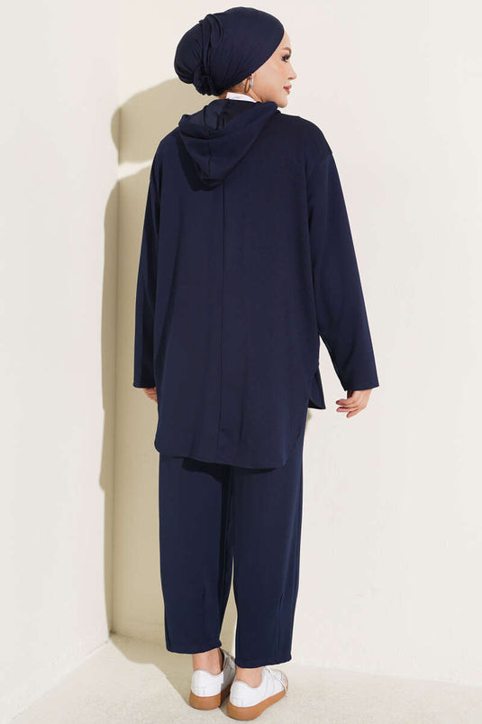 Conjunto De Dos Piezas Con Capucha Y Puños Con Detalle De Bolsillo En Azul Marino