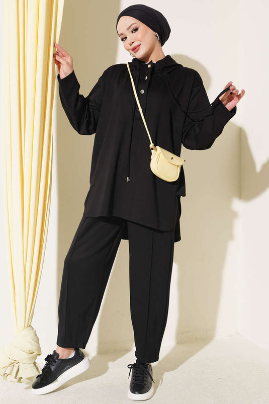 Conjunto De Dos Piezas Con Capucha Y Puños Con Bolsillos En Negro