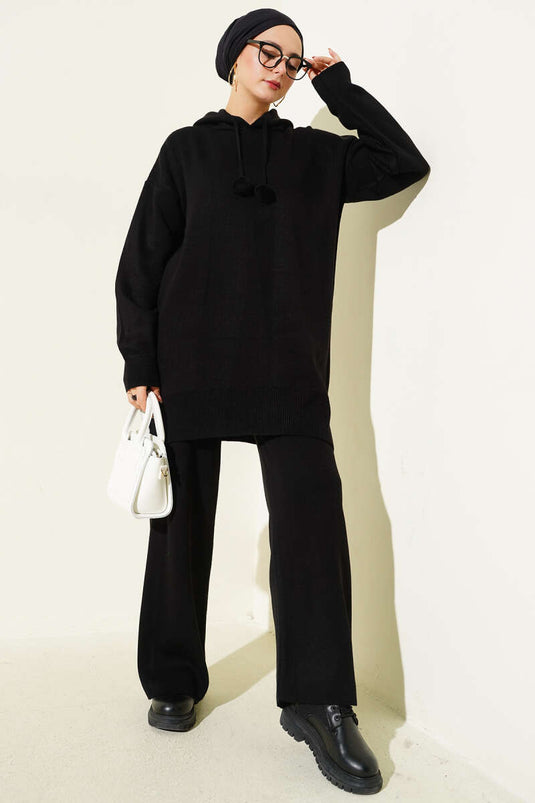 Hooded Pompom Knitwear Two Piece Set Black