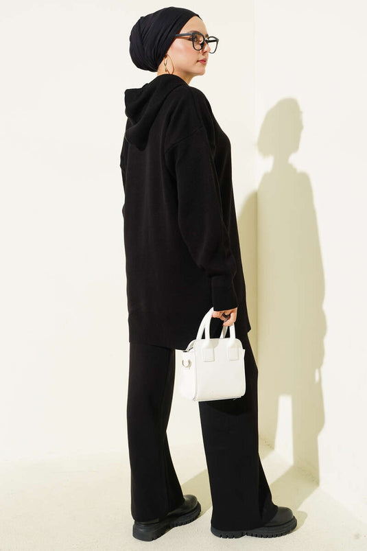 Hooded Pompom Knitwear Two Piece Set Black