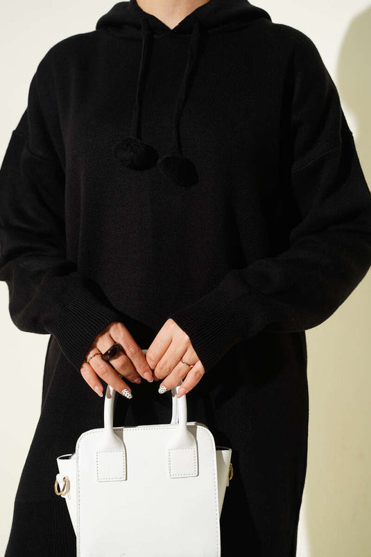 Hooded Pompom Knitwear Two Piece Set Black