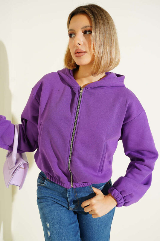 كارديجان قصير من الصوف بغطاء رأس، بنفسجي