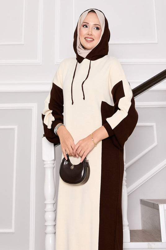 Robe de sport à capuche en tricot écru-marron