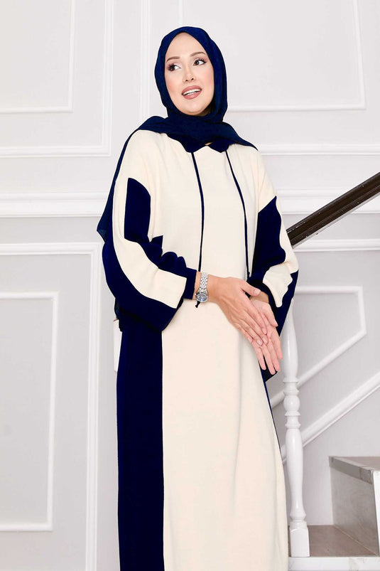 Robe de sport à capuche en tricot écru-bleu marine