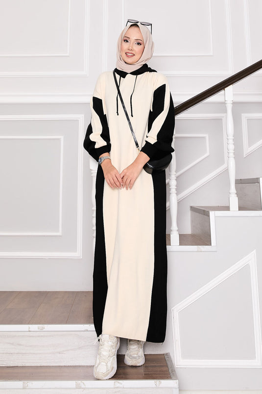 Robe de sport à capuche en tricot noir-écru