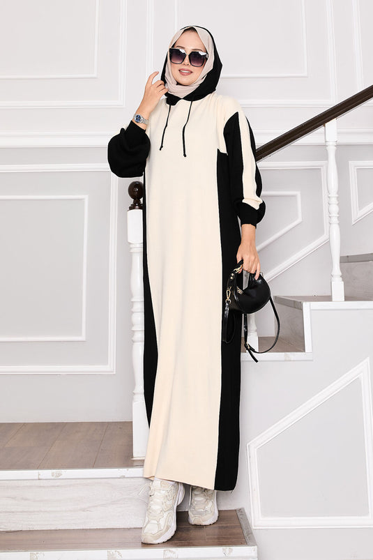 Robe de sport à capuche en tricot noir-écru