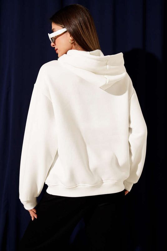 Kapüşonlu Stockholm Baskılı Sweatshirt Ekru