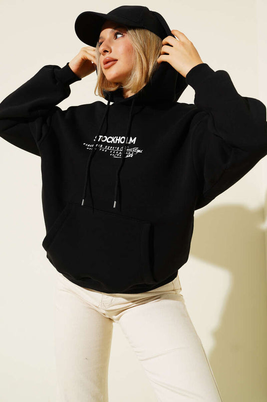Sweat à capuche noir imprimé Stockholm