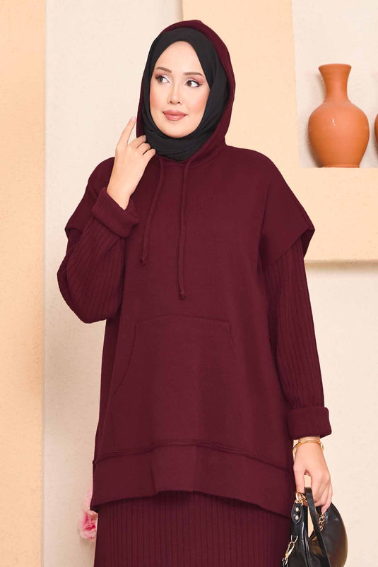 Hooded Sweater Detailed Hijab Two-Piece Dress Set Burgundy