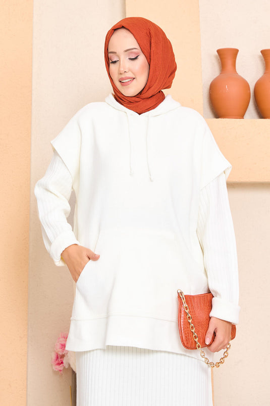Hooded Sweater Detailed Hijab Two-Piece Dress Set Ecru