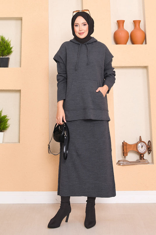 Hooded Sweater Detailed Hijab Two-Piece Dress Set Gray