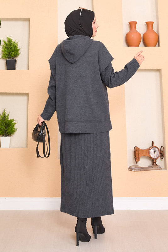 Hooded Sweater Detailed Hijab Two-Piece Dress Set Gray