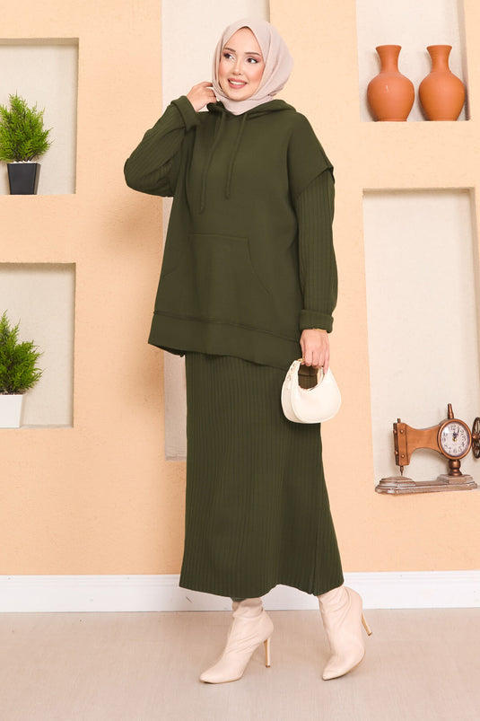 Hooded Sweater Detailed Hijab Two-Piece Dress Set Khaki