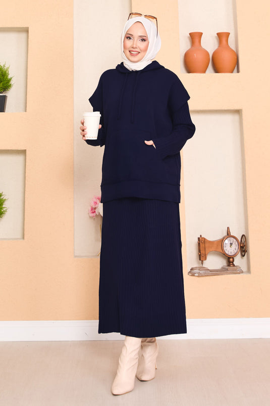 طقم فستان حجاب من قطعتين بتفاصيل سترة بغطاء للرأس باللون الأزرق الداكن