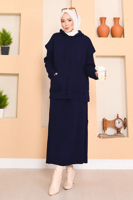 Hooded Sweater Detailed Hijab Two-Piece Dress Set Navy Blue