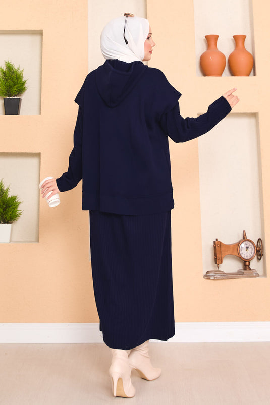 Hooded Sweater Detailed Hijab Two-Piece Dress Set Navy Blue