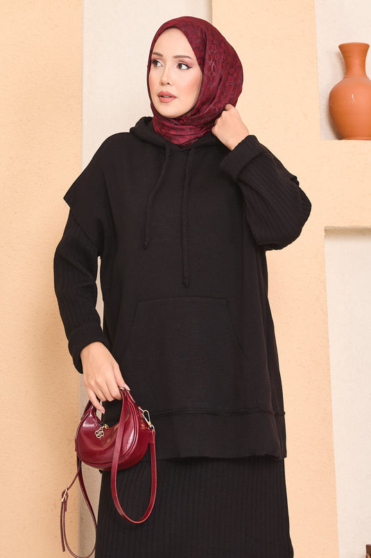 طقم فستان حجاب من قطعتين بتفاصيل سترة بغطاء للرأس باللون الأسود
