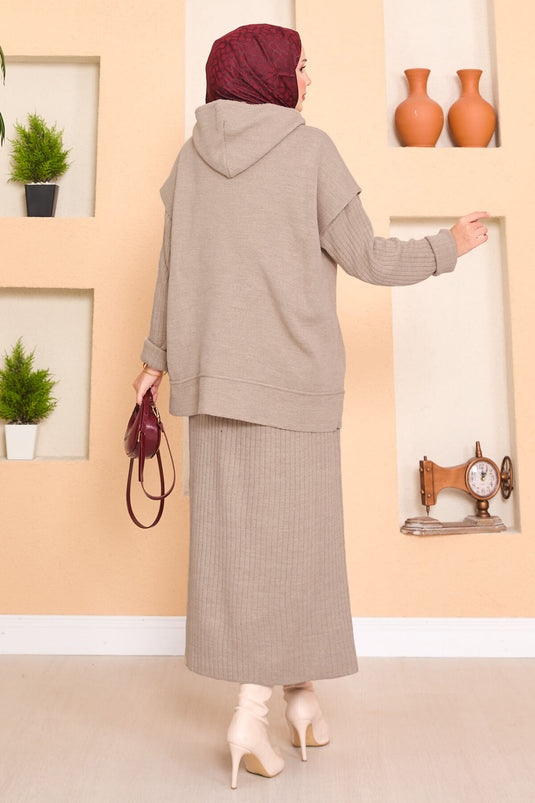 Kapüşonlu Süveter Detaylı Tesettür İkili Elbise Takım Vizon