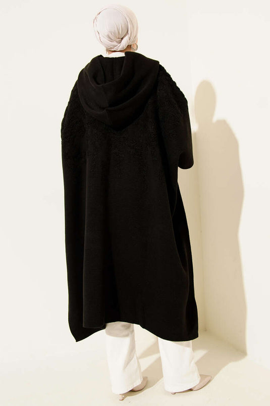 Poncho à capuche en maille, noir