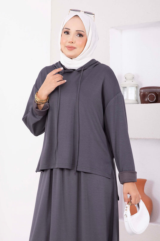 Kapüşonlu Tunik Etek Oyşo Takım Füme