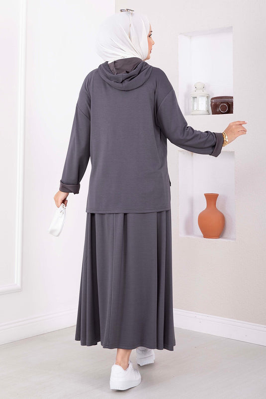Kapüşonlu Tunik Etek Oyşo Takım Füme