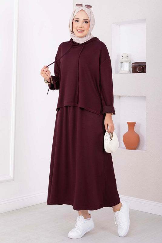 Hooded Tunic Skirt Set In Mauve