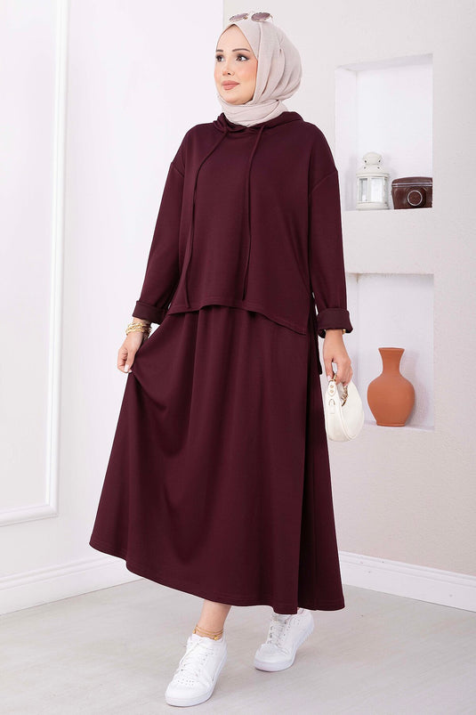 Kapüşonlu Tunik Etek Oyşo Takım Mürdüm
