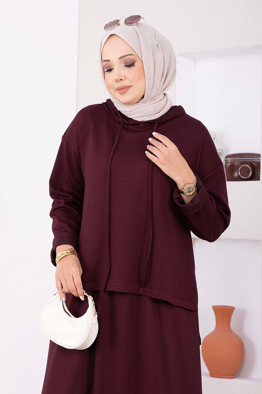 Kapüşonlu Tunik Etek Oyşo Takım Mürdüm